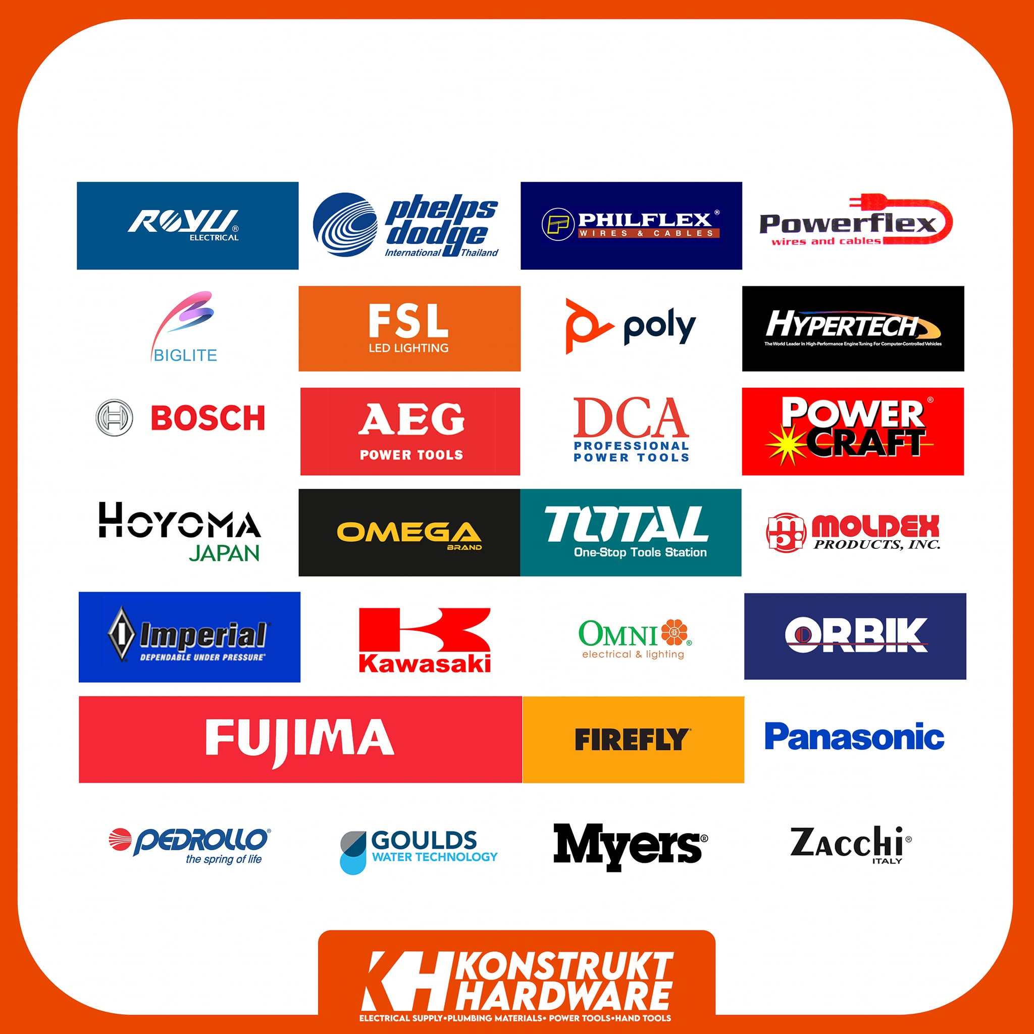 Konstrukt Hardware partner brands, including Bosch, AEG, Panasonic, and other tool and hardware brands.